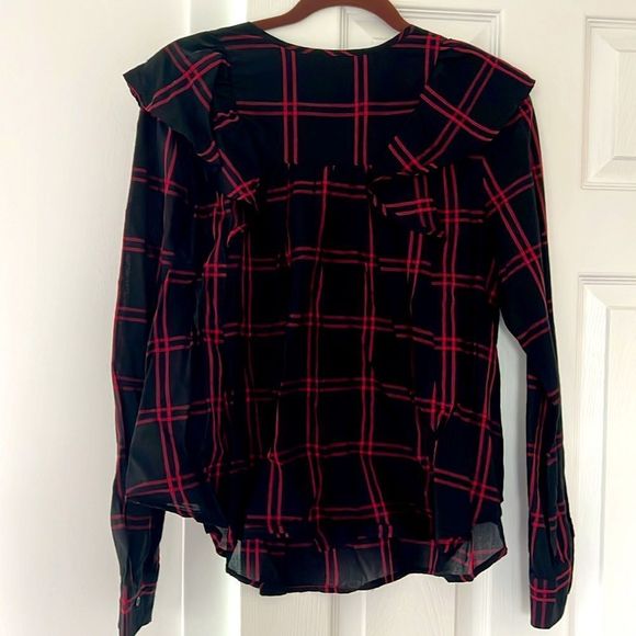 GAP Black Red Cascade Ruffle Plaid Pullover Long Sleeve Shirt Size L - Picture 5 of 5
